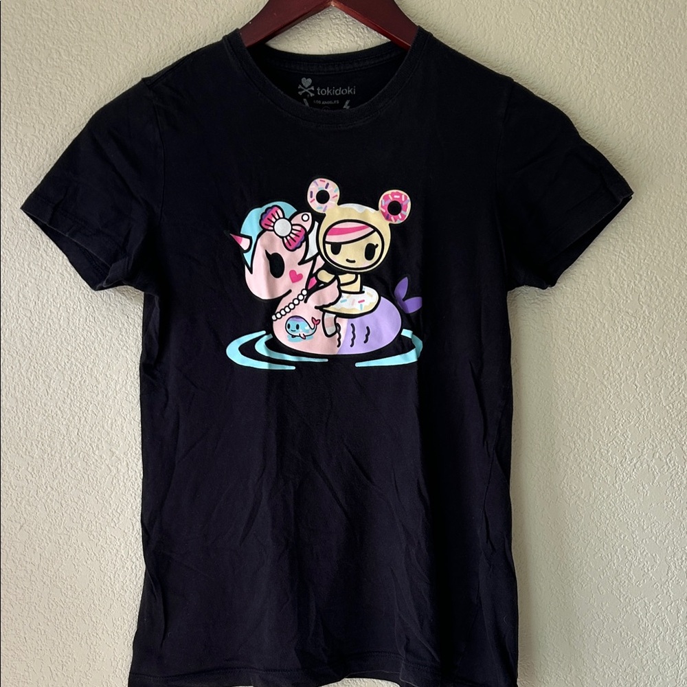 Tokidoki Juniors Black Tee with Colorful Donutina & Mermicorno Graphics, Sz M